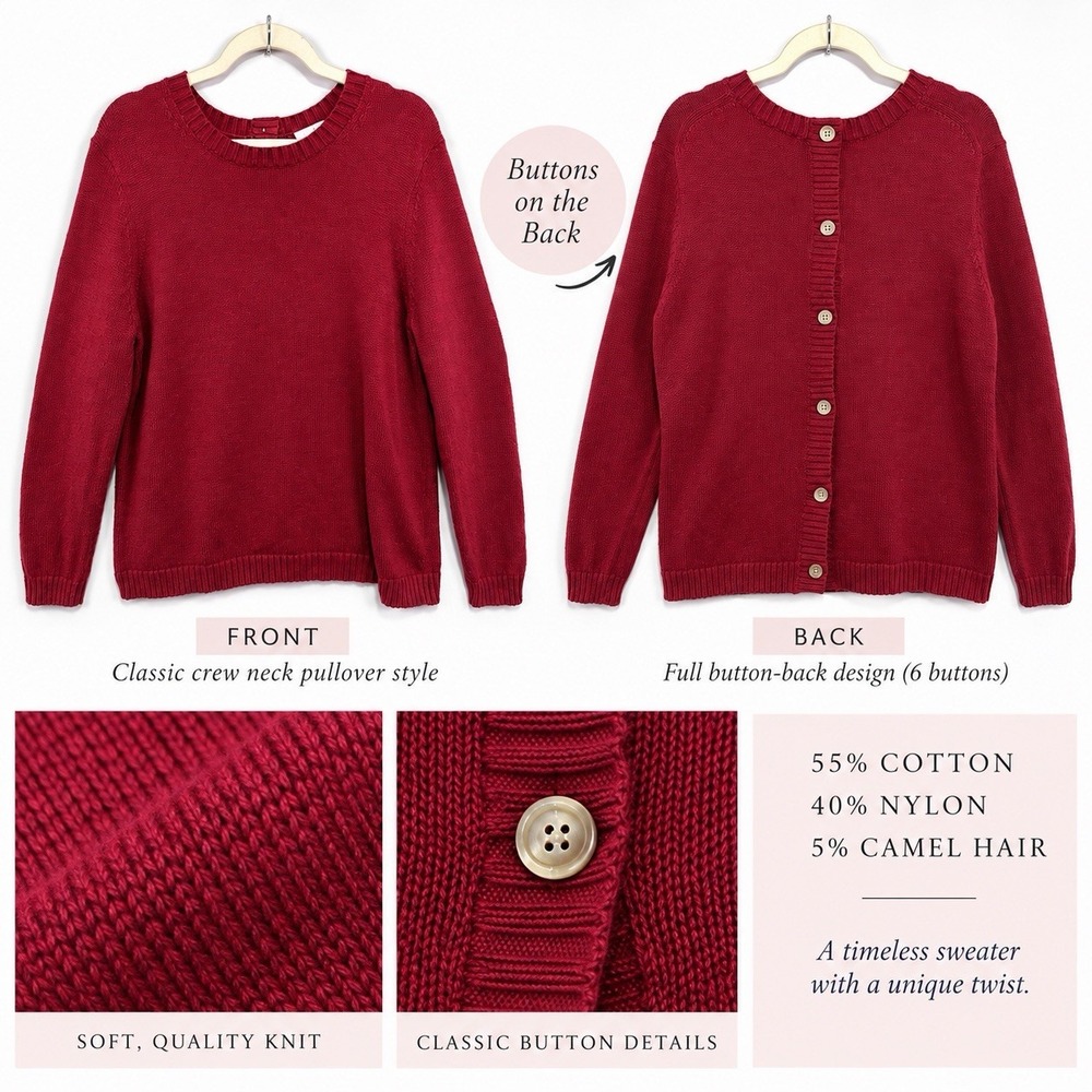 J Jill Womens L Red Back Button Sweater Camel Hair Cotton Blend Crew Neck